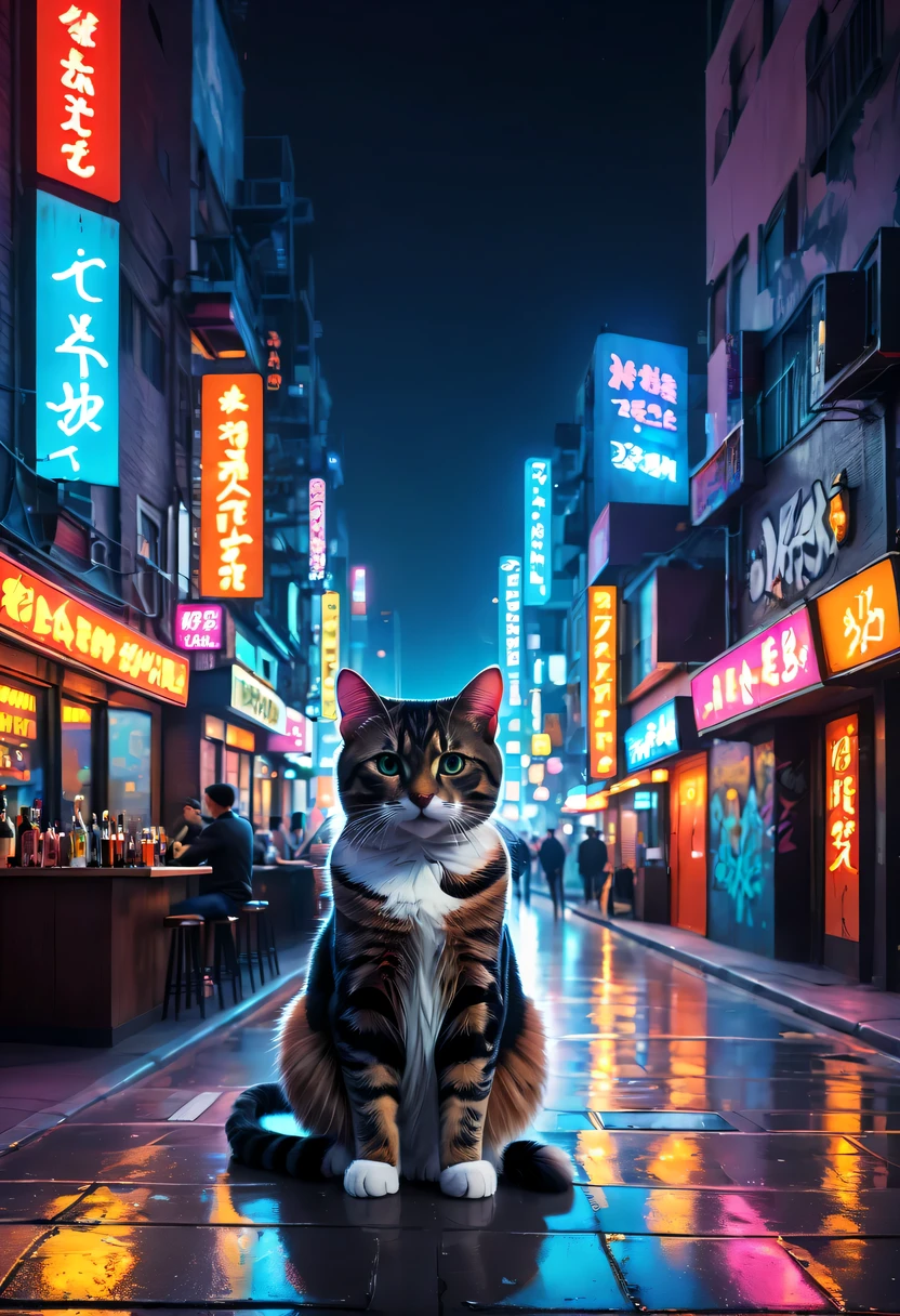 (Best quality,A high resolution,tmasterpiece:1.2),actual,city night scene, 现代city night scene,Spectacular,Vibrant neon lights, Bustling streets, Lively nightlife, KTV, Lively bar, Colorful graffiti, Luminous billboard, a vibrant atmosphere, Stray cats