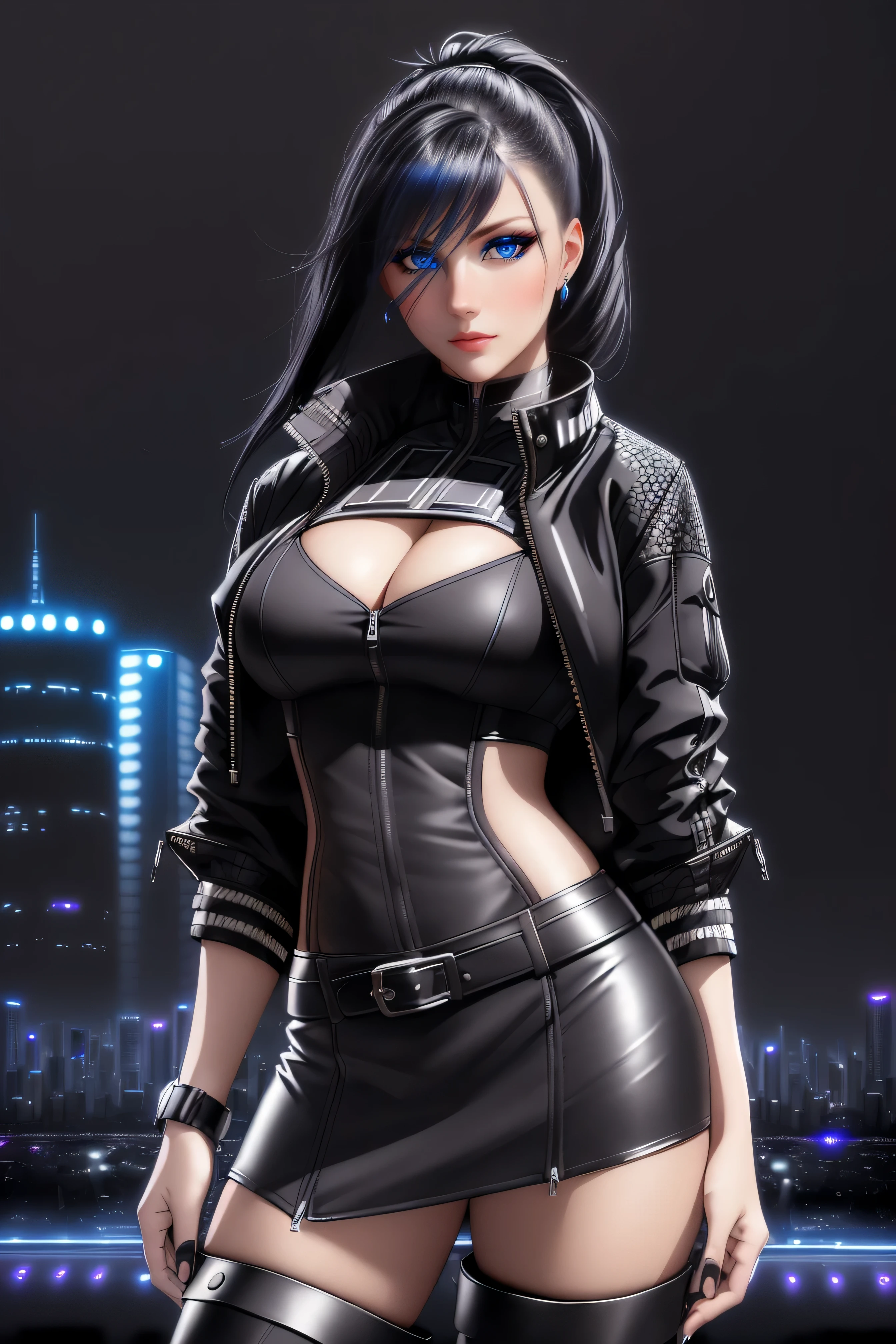 beautiful girl, ((standing:1.4)), (confident gaze:1.1), ((open jacket:1.4)), bright neon streaked black hair, ((realistic highly detailed eyes:1.4)), ((seductive pose:1.2)), large breasts, black eyeshadow, (street style wear:1.2), ((tight fitted skirt)), ((knee high leather boots)), (dark city night black background:1.8), dark makeup, digital art, trending on artstation, highly detailed, fine detail, intricate, detailed facial features, sharp focus, smooth, aesthetic,