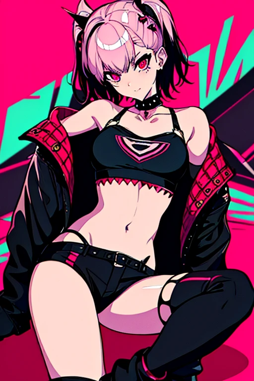 ((1 person)), ((best quality)), ((masterpiece)), (detailed), ((punk-ish aesthetic)), (femboy), perfect face, a mole under each eye, Slim, White long pixie cut with red steaks, Pink eyes, Spiked choker, Pink crop top, ((unsymmetrical)) half-pink half-Black skirt, ((Black legging), Dark Heeled Boots