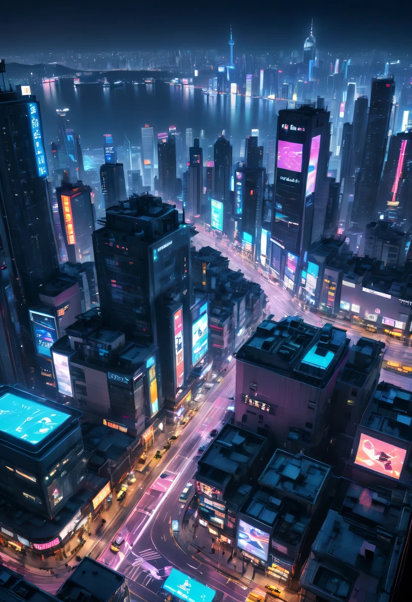 satelite imagery, ultra-wide-angle, 8K, super detailing, acurate, Best quality at best，Enjoy stunning night views of the city，a vast cybernetic network metropolis. scribbles，the street，trafic，neonlight，advertising billboard，embeddedLEDilluminated. , Excellent location，Features city views, 充满活力的neonlight, panoramic view of a city，skylines,Stray cat on the roof，