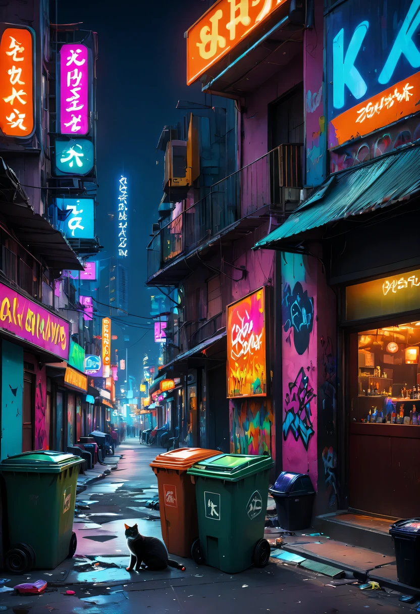 (Best quality at best,4K,A high resolution),City view at night, Vibrant neon lights, Lively KTV、Riman, Stray cat wandering on the street, Colorful graffiti art, eye-catching billboard, Trash bin overflowing