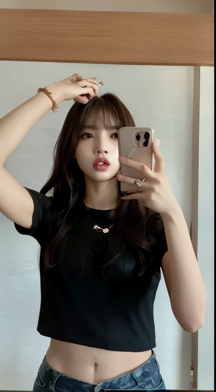 there is a woman taking a selfie in a mirror, Bae Suzy, Jaeyeon Nam, TaeJune Kim, com cabelos longos, Jisoo do Blackpink, Heonhwa Choe, 2 2 anos, 2 3 anos, Jinyoung Canela, 21 anos, 18 anos, jisoo do blackpink, Wenfei Ye, jossi do blackpink