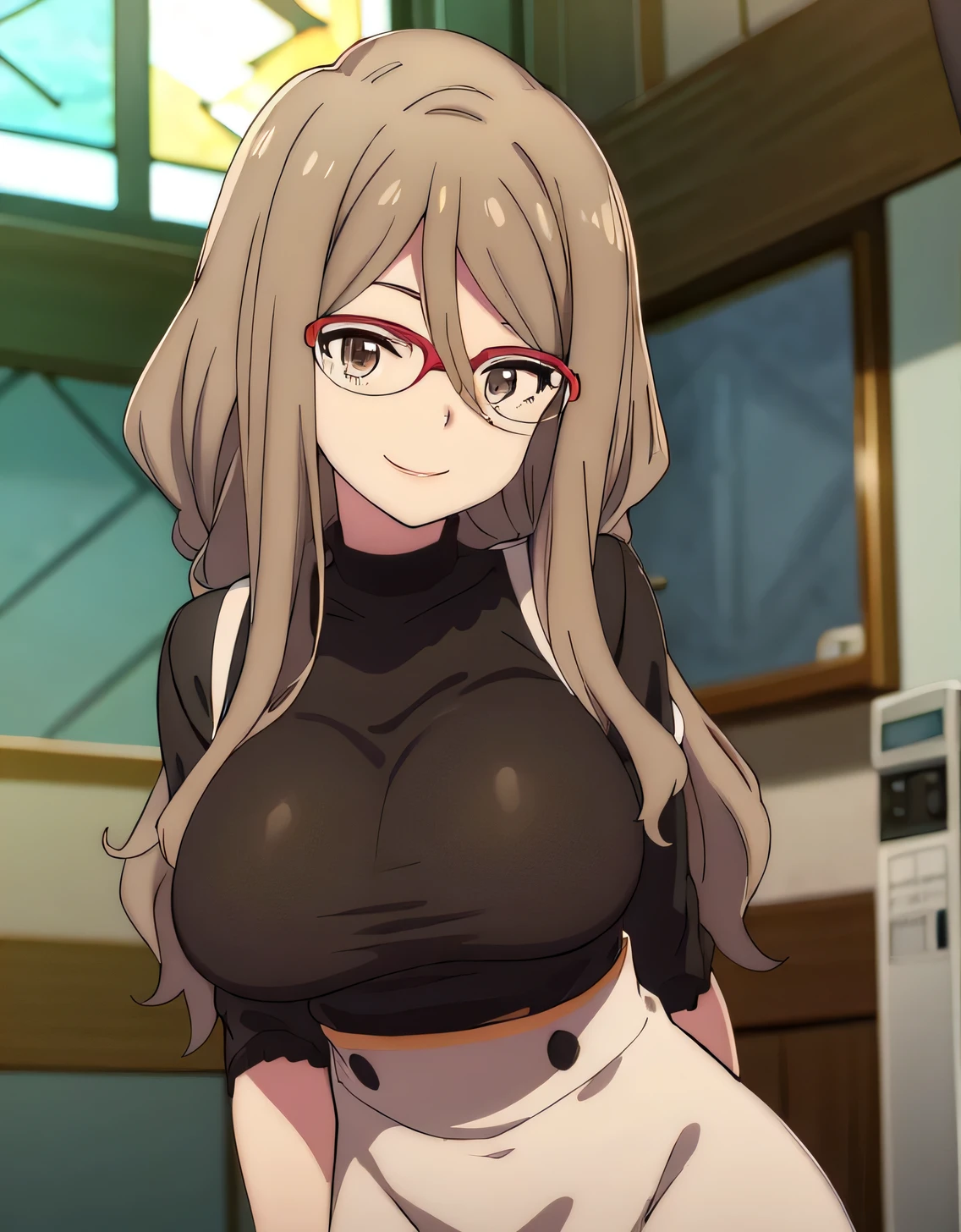 Nakahara Rishi,absurderes,Perfect Anatomy,Nakahara Mitsuki,Long hair,Red-framed eyewear,Black shirt,Tight skirt,Smile,office room,(Large breasts:1.5),Looking at Viewer,(((masutepiece))),((Best Quality)),Perfect Anatomy,8K UHD,extra detailed face,gloss and shiny,((1girl in)),((Solo)),(Beautiful detailed eyes:1.5),image perfect,(Upper body:1.1),(Look at the front:1.1),arms behind back,Slim waist,Shiny hair,Standing