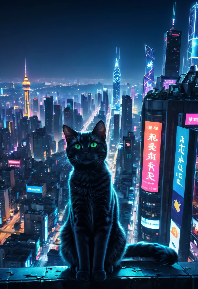 (Best quality at best,4K,A high resolution),City view at night, Vibrant neon lights, Lively KTV、Riman, Stray cat wandering on the street, Colorful graffiti art, eye-catching billboard, Trash bin overflowing