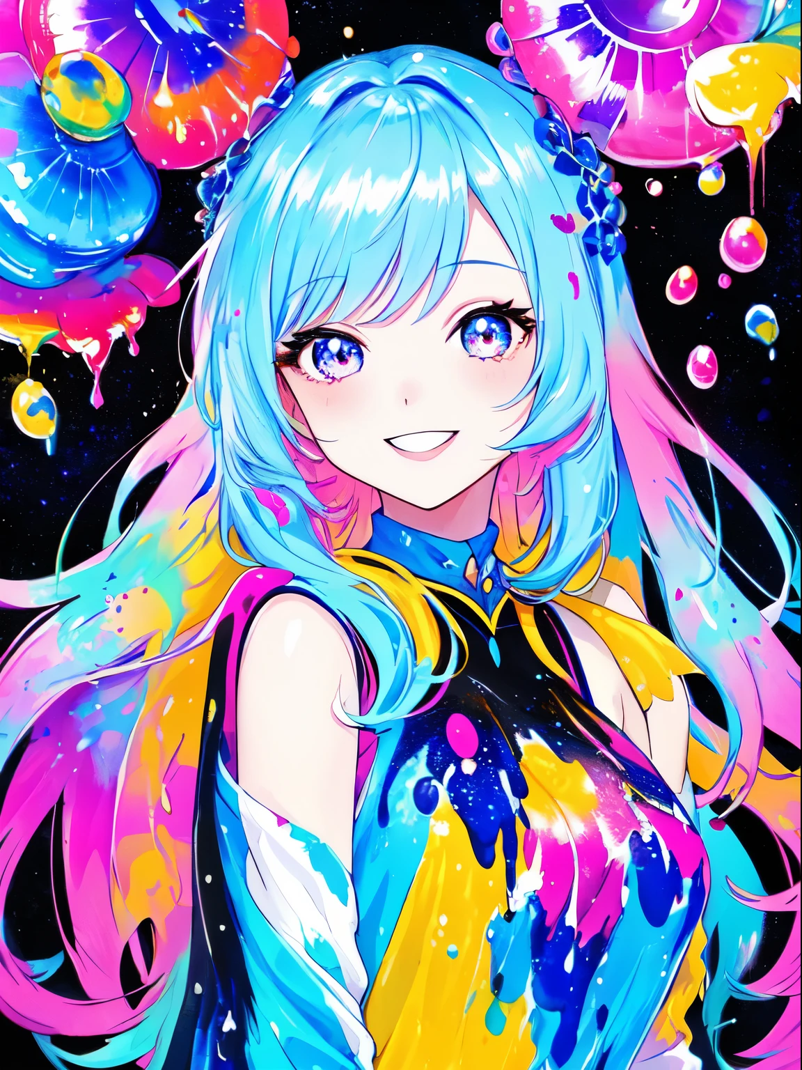 A bright and sparkling girl, Smile, Happy, Attractive, Cool, Fashionable, Beautiful, masutepiece, Best Quality, Rich color background, Attractive background, Colorful background, splashed color, Splash paint
