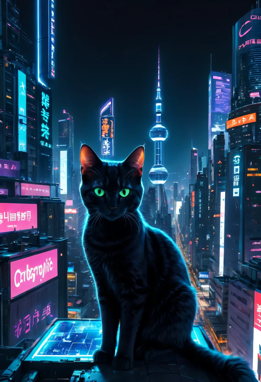 satelite imagery, ultra-wide-angle, 8K, super detailing, acurate, Best quality at best,Enjoy stunning night views of the city,a vast cybernetic network metropolis. scribbles,the street,trafic,neonlight,advertising billboard,embeddedLEDilluminated. , Excellent location,Features city views, 充满活力的neonlight, panoramic view of a city,skylines,Stray cat on the roof,