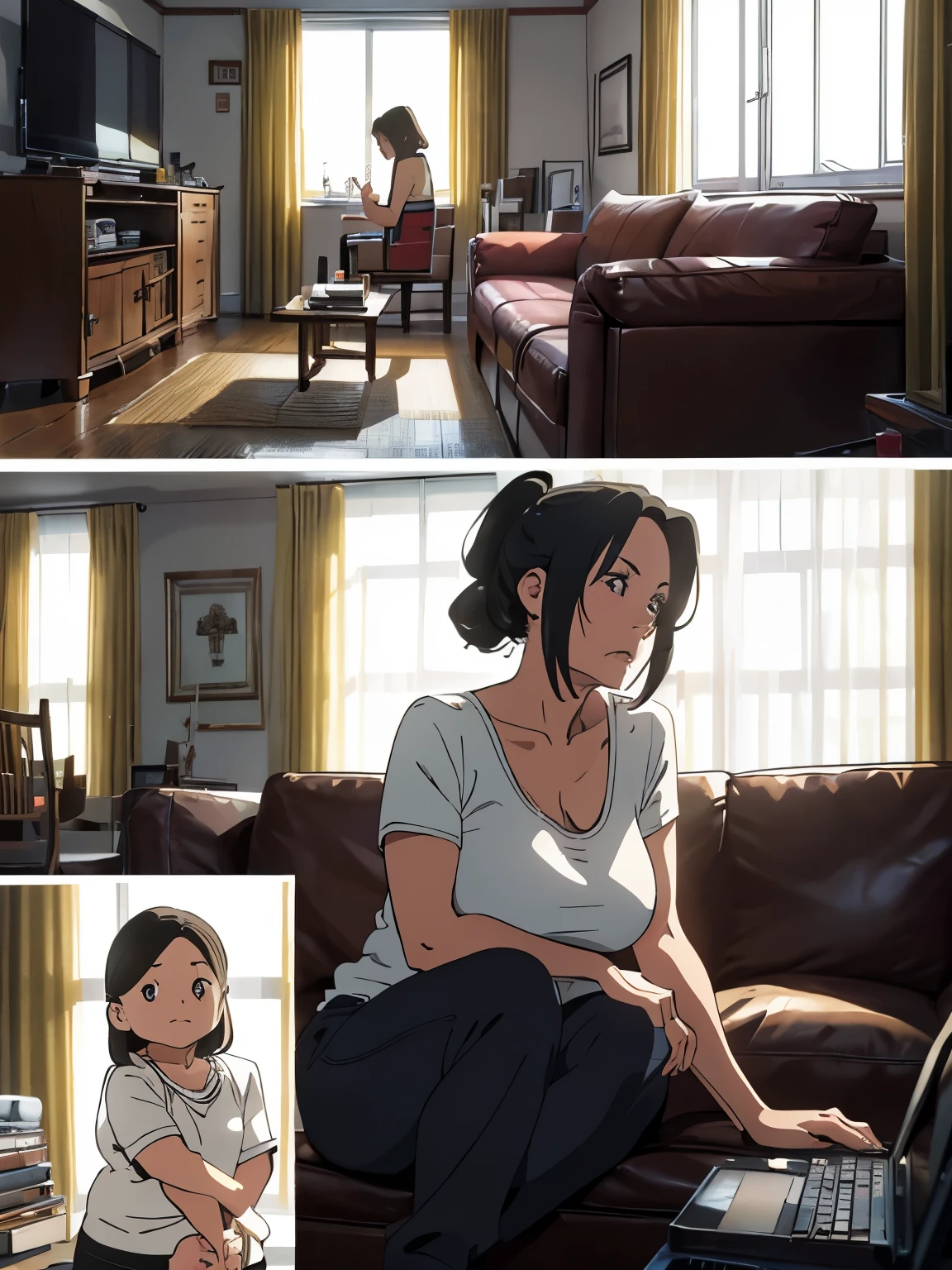 ((Best Quality,4K,8K,masutepiece)), 1woman,T-shirt, sweat pants, room slipper, sofa, A woman is sitting on the sofa and watching TV, (CharacterDesignSheet:1.3, Same character, front, Side, Back,Various expressions) , (multiple views), from below, (Anime style:1.3), (hyperdetailed body), (hyperdetailed Face), (Narrow eyes), (((tareme))), (((Mother:1.3))), (Mature Woman),(woman, 50 years old), (Large breasts:1.1), (Large buttocks:1.2), sagging breasts, droopy chest, Swaying breasts, bouncing breasts, Natural wrinkles, wrinkled Face, (Plump body:1.3), Chubby, Voluptuous, Dark hair, medium bob hair, Forehead, long Face, night, living room, apartment, Moody lighting, Japanese anime, (full body:1.3),