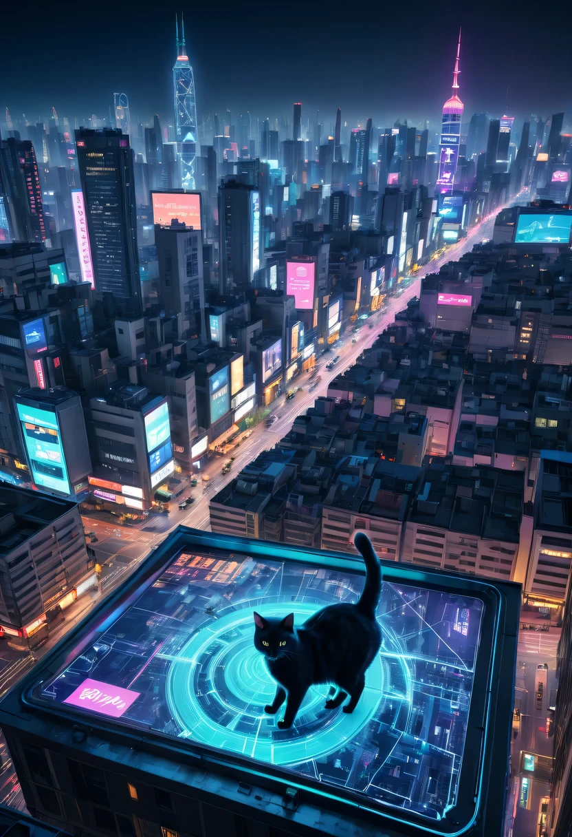 satelite imagery, ultra-wide-angle, 8K, super detailing, acurate, Best quality at best,Enjoy stunning night views of the city,a vast cybernetic network metropolis. scribbles,the street,trafic,neonlight,advertising billboard,embeddedLEDilluminated. , Excellent location,Features city views, 充满活力的neonlight, panoramic view of a city,skylines,Stray cat on the roof,