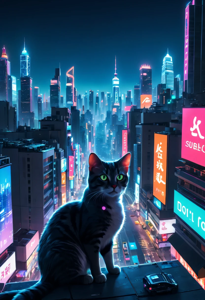 (Best quality at best,4K,A high resolution),City view at night, Vibrant neon lights, Lively KTV、Riman, Stray cat wandering on the street, Colorful graffiti art, eye-catching billboard, Trash bin overflowing