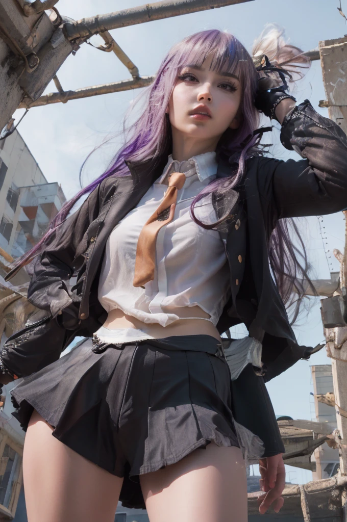 photo Realistic, masutepiece, Realistic, High contrast, hyper Detailed, Best Quality, 超A high resolution, photo Realistic, High resolution, Detailed, Raw photo, Kyoko Kirigiri, Long hair, Purple hair, Side braid, Blunt bangs, Hair Ribbon, a black ribbon, High collar, Brown tie, Black Motorcycle Jacket, Long sleeves, Black Gloves, Black mini skirt, Pleated skirt, Black long boots, Full Shot, Danganronpa \(Series\), Street, Full Shot, Looking at Viewer, White shirt, Woman, (((From below))), Busy city, foreshortening, (Pose Seductive), Looking at Viewer, mad, (eyecontact), japanaese girl,Kick