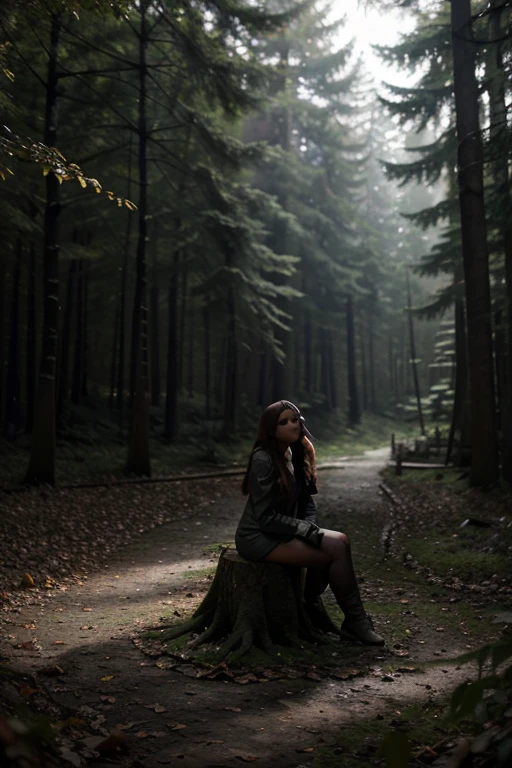 A pensive and sad forest nymph, ewaring in leaves sits on a cut stump, a spooky thick gray forest with spooky gray forest animals behind her, an farevay industrial landscape visible behind the trees , inspired by ๐๐๐๐ล ๐๐ฅ๐๐ขล๐ฌ๐ค๐ข ๐๐ง๐๐ฌ๐ญ๐๐ณ๐ฃ๐ ๐๐๐ซ๐ค๐จ๐ฐ๐ข๐ญ๐๐ก CGSociety, volumetric lighting
