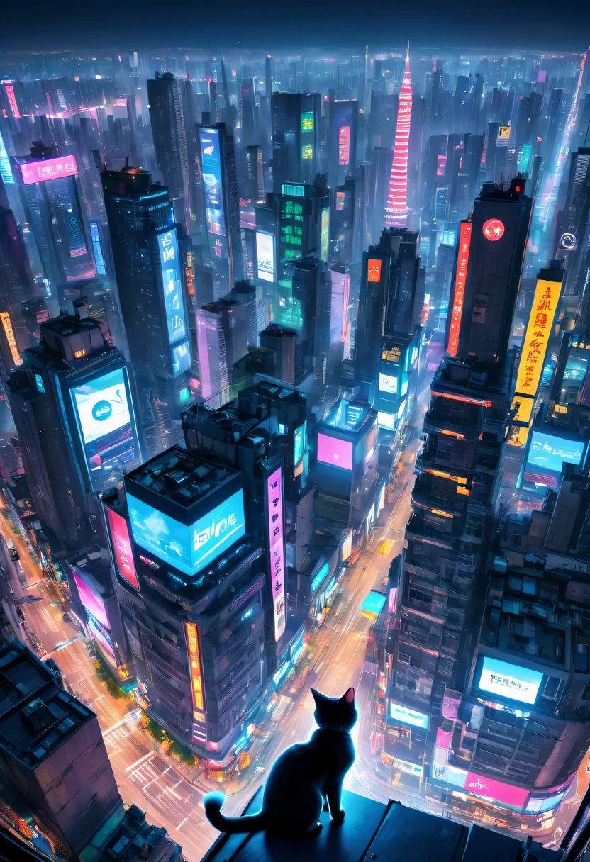 satelite imagery, ultra-wide-angle, 8K, super detailing, acurate, Best quality at best,Enjoy stunning night views of the city,a vast cybernetic network metropolis. scribbles,the street,trafic,neonlight,advertising billboard,embeddedLEDilluminated. , Excellent location,Features city views, 充满活力的neonlight, panoramic view of a city,skylines,Stray cat on the roof,