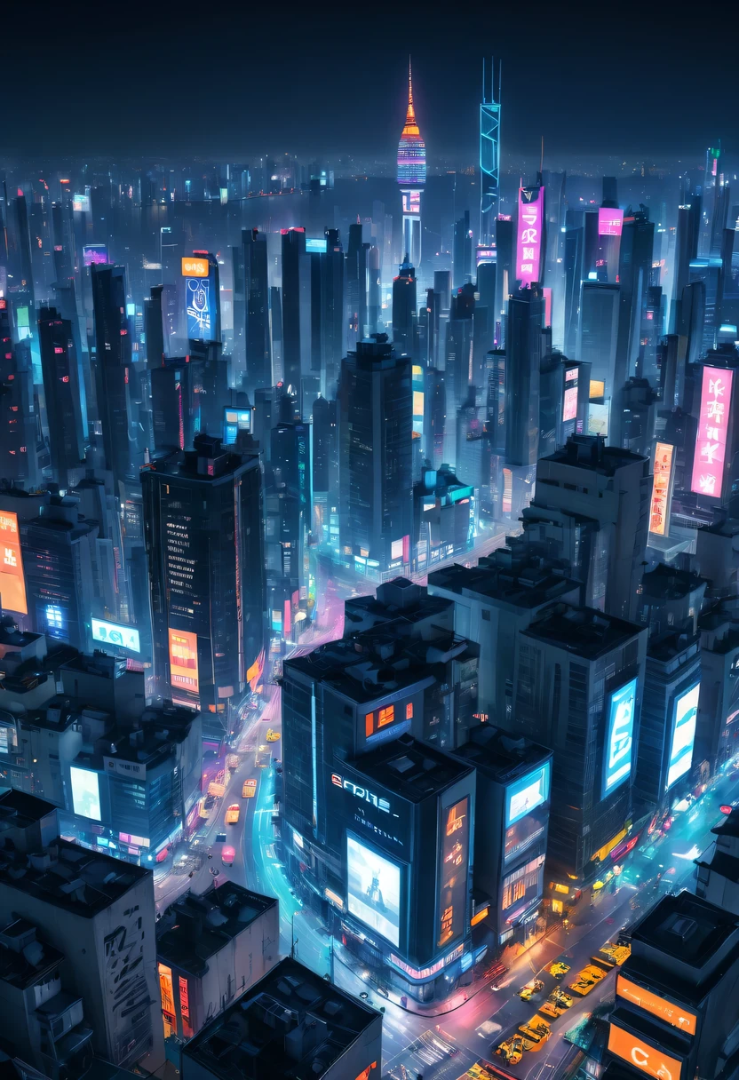 satelite imagery, ultra-wide-angle, 8K, super detailing, acurate, Best quality at best,Enjoy stunning night views of the city,a vast cybernetic network metropolis. scribbles,the street,trafic,neonlight,advertising billboard,embeddedLEDilluminated. , Excellent location,Features city views, 充满活力的neonlight, panoramic view of a city,skylines,Stray cat on the roof,
