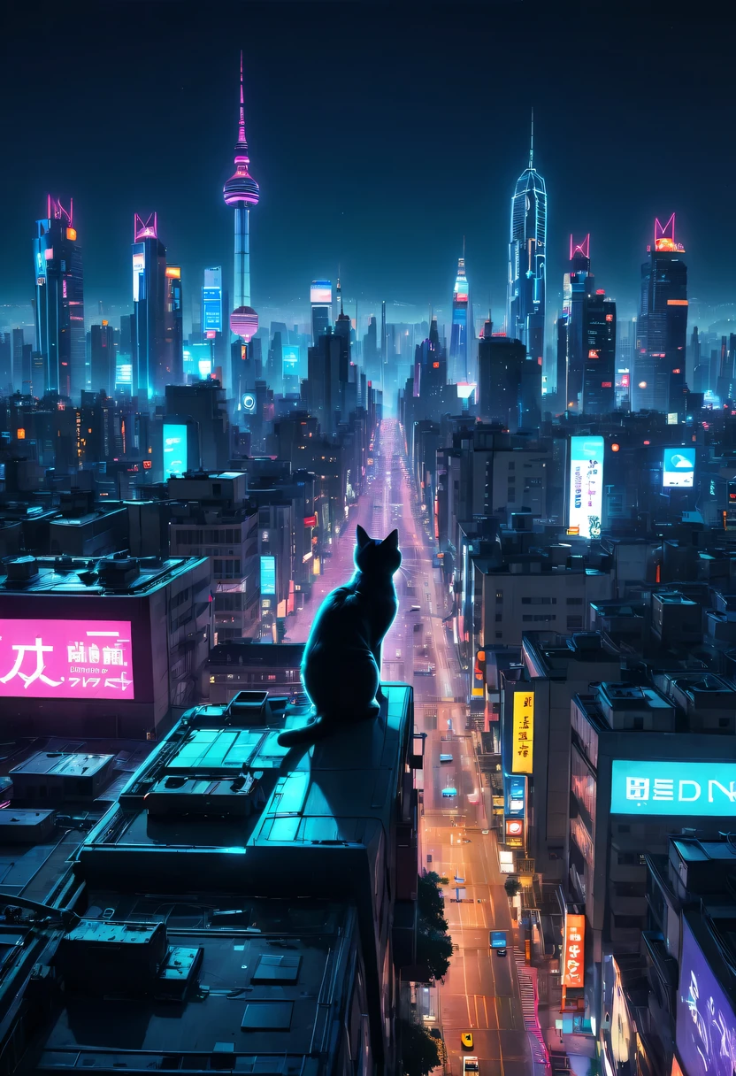 (Best quality at best,4K,A high resolution),City view at night, Vibrant neon lights, Lively KTV、Riman, Stray cat wandering on the street, Colorful graffiti art, eye-catching billboard, Trash bin overflowing
