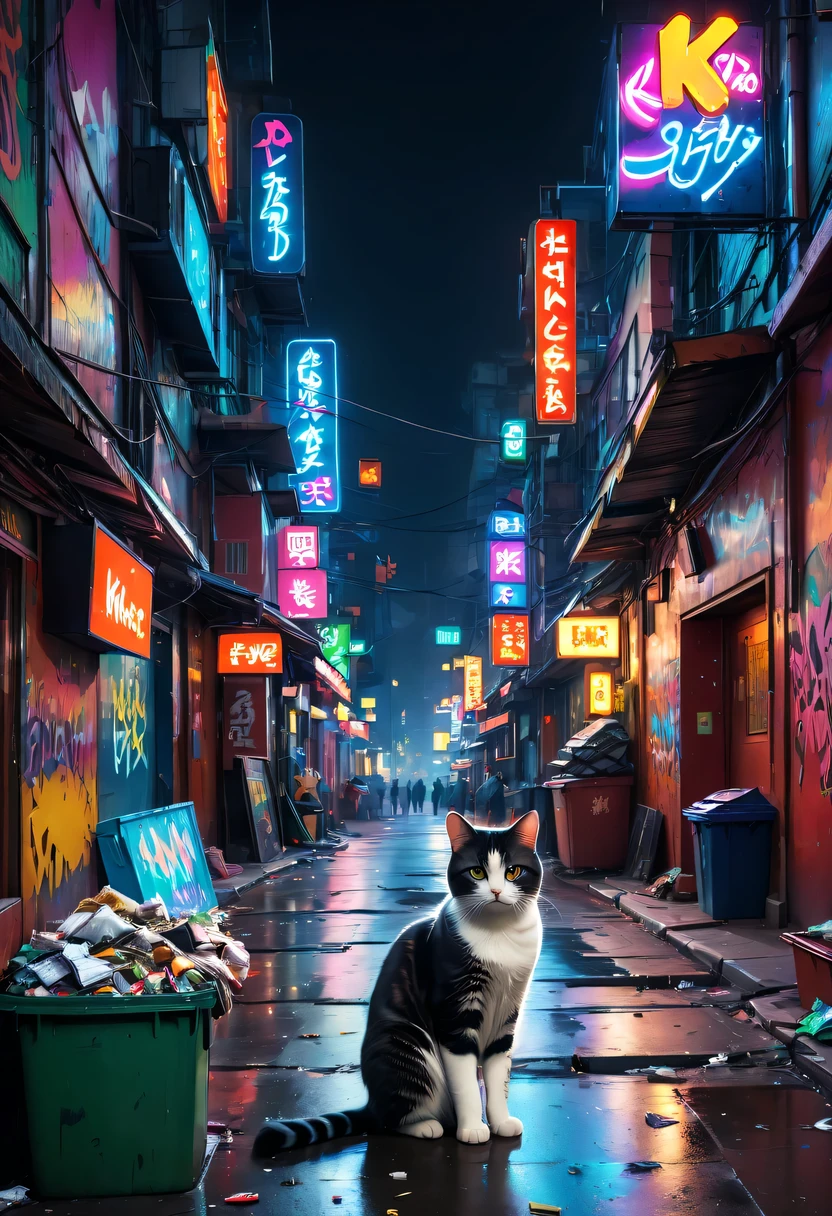 (Best quality at best,4K,A high resolution),City view at night, Vibrant neon lights, Lively KTV、Riman, Stray cat wandering on the street, Colorful graffiti art, eye-catching billboard, Trash bin overflowing
