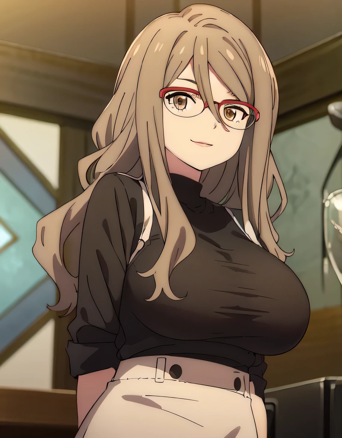 Nakahara Rishi,absurderes,Perfect Anatomy,Nakahara Mitsuki,Long hair,Red-framed eyewear,Black shirt,Tight skirt,Smile,office room,(Large breasts:1.5),Looking at Viewer,(((masutepiece))),((Best Quality)),Perfect Anatomy,8K UHD,extra detailed face,gloss and shiny,((1girl in)),((Solo)),(Beautiful detailed eyes:1.5),image perfect,(Upper body:1.1),(Look at the front:1.1),arms behind back,Slim waist,Shiny hair,Standing