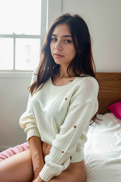 23-year-old hyper-realistic Latin girl with freckles, mood selfie for instagram, Ultra Definition, (photoreallistic: 1.4), 8k, calidad premier, fondos detallados, cara delicada, maquillaje natural, foto raw, iphone, HDR, Coqueteando con el espectador, en la ciudad, cabello recogido hecho cola, Hands back, pose natural, en su cuarto, selfie, dormitorio, autoselfie, with a sweater