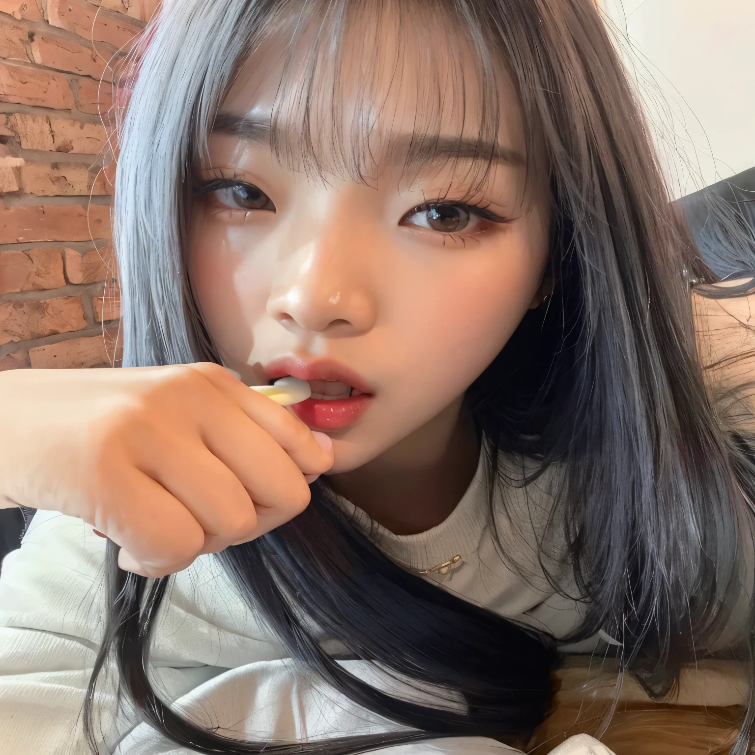 Araafed Asian woman with long black hair brushing her teeth, wan adorable korean face, Ulzzang, Jaeyeon Nam, Lalisa Manobal, menina coreana, Sakimichan, Jinyoung Canela, Lalisa Manoban do Blackpink, tzuyu de duas vezes, maquiagem sul-coreana popular, Heonhwa Choe, young adorable korean face