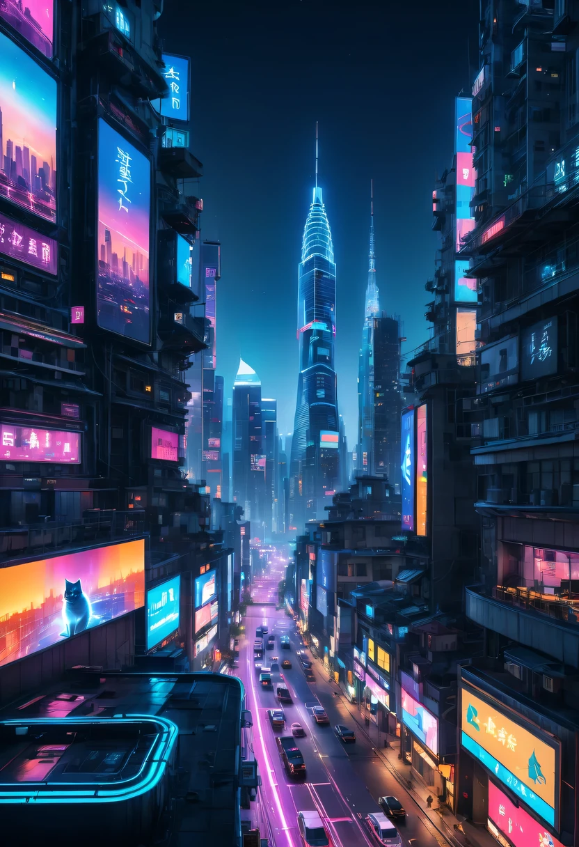 (Best quality at best,4K,A high resolution),City view at night, Vibrant neon lights, Lively KTV、Riman, Stray cat wandering on the street, Colorful graffiti art, eye-catching billboard, Trash bin overflowing