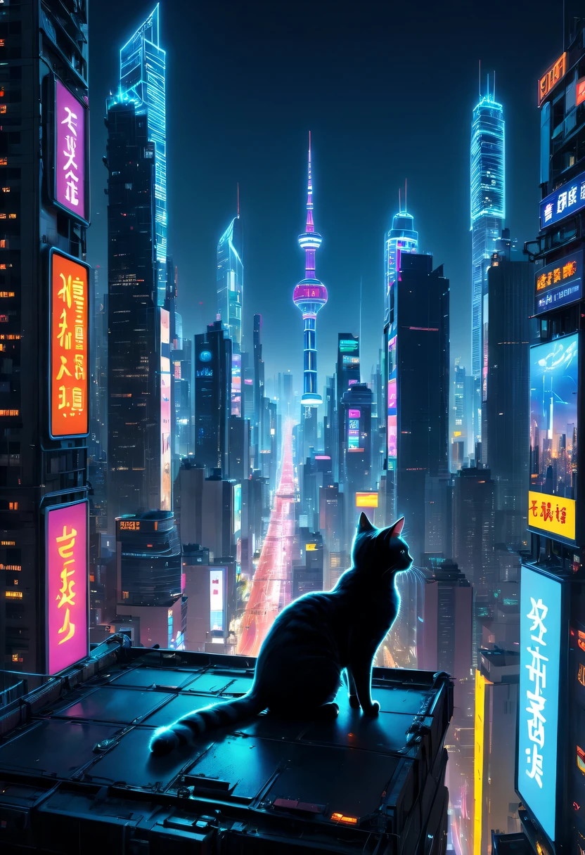 satelite imagery, ultra-wide-angle, 8K, super detailing, acurate, Best quality at best，Enjoy stunning night views of the city，a vast cybernetic network metropolis. scribbles，the street，trafic，neonlight，advertising billboard，embeddedLEDilluminated. , Excellent location，Features city views, 充满活力的neonlight, panoramic view of a city，skylines,Stray cat on the roof，