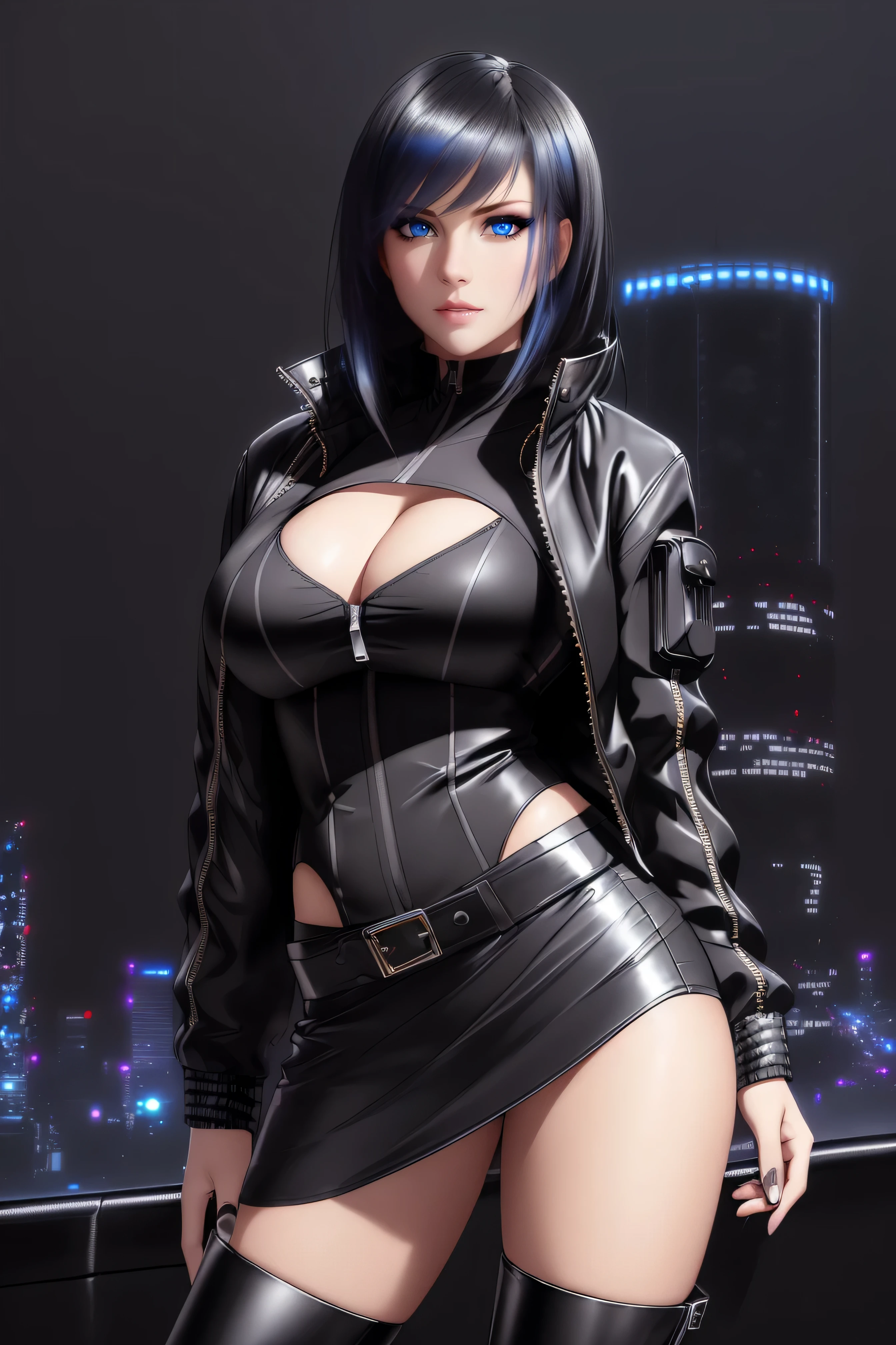 beautiful girl, ((standing:1.4)), (confident gaze:1.1), ((open jacket:1.4)), bright neon streaked black hair, ((realistic highly detailed eyes:1.4)), ((seductive pose:1.2)), large breasts, black eyeshadow, (street style wear:1.2), ((tight fitted skirt)), ((knee high leather boots)), (dark city night black background:1.8), dark makeup, digital art, trending on artstation, highly detailed, fine detail, intricate, detailed facial features, sharp focus, smooth, aesthetic,