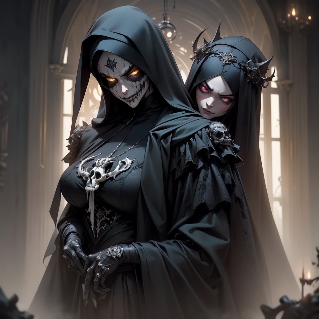 A sinister and mysterious Gothic room where a skeletal mummy lies on one wall, next to it a ghost completely covered in a black veil down to the feet where only the white eyes illuminated like two lights can be seen