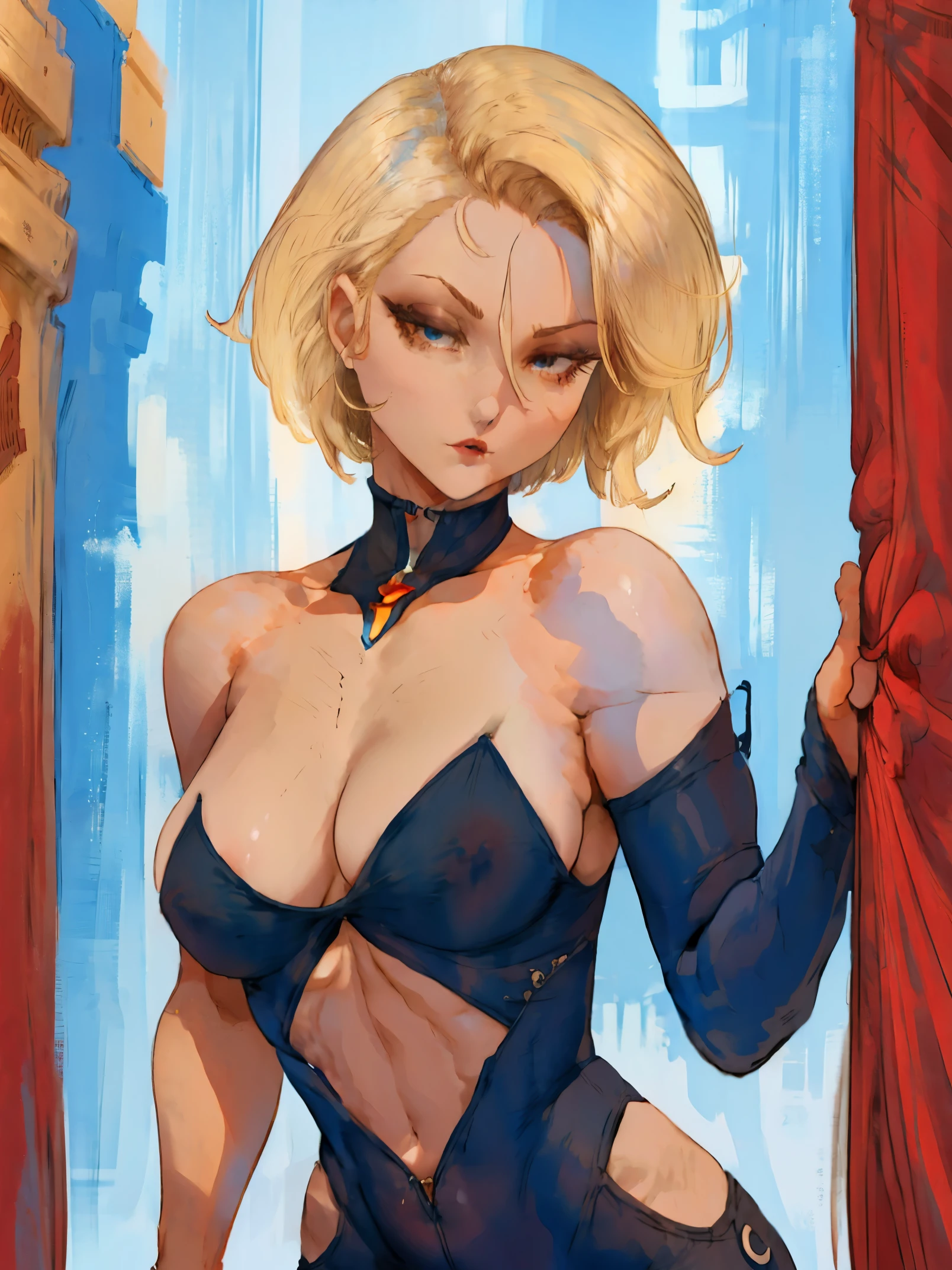 character illustration of a woman, no background, stylized illustration, detailed, short blonde hair, red lips, blue clothes, pale skin, creative.