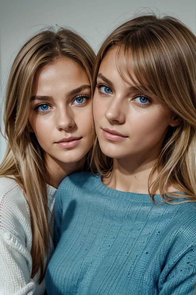 Ultra Gesicht Nahaufnahme, Schriftseite nach oben, 2Girls 18 years old, hugging, lange Haare, schauen sich gegenseitig in die Augen, blondes Haar, blaue Augen, Schulterfrei, Skinny sweaters, volle Lippen, Realistisch, Flirten miteinander, Nahaufnahme, Realismus, Detaillierte Augen, Hautunreinheiten, feine kleine Sommersprossen, natural skin, ohne Reflexion und Schatten im Gesicht, ohne Blendung, Ultra hohe Gesichtstextur, Farben, Realismus, 8K, Of course, Hyperdetailliertes Foto, fotoRealistisch, Foto, .RAW, Modellierung, Girl Model, Epische Werbung, Filmische Aufnahme, filmisch, handsome face, hot, sexy, keine Falten, (Blond 1.0), cozy, love