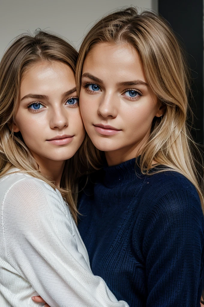 Ultra Gesicht Nahaufnahme, Schriftseite nach oben, 2Girls 18 years old, hugging, lange Haare, schauen sich gegenseitig in die Augen, blondes Haar, blaue Augen, Schulterfrei, Skinny sweaters, volle Lippen, Realistisch, Flirten miteinander, Nahaufnahme, Realismus, Detaillierte Augen, Hautunreinheiten, feine kleine Sommersprossen, natural skin, ohne Reflexion und Schatten im Gesicht, ohne Blendung, Ultra hohe Gesichtstextur, Farben, Realismus, 8K, Of course, Hyperdetailliertes Foto, fotoRealistisch, Foto, .RAW, Modellierung, Girl Model, Epische Werbung, Filmische Aufnahme, filmisch, handsome face, hot, sexy, keine Falten, (Blond 1.0), cozy, love