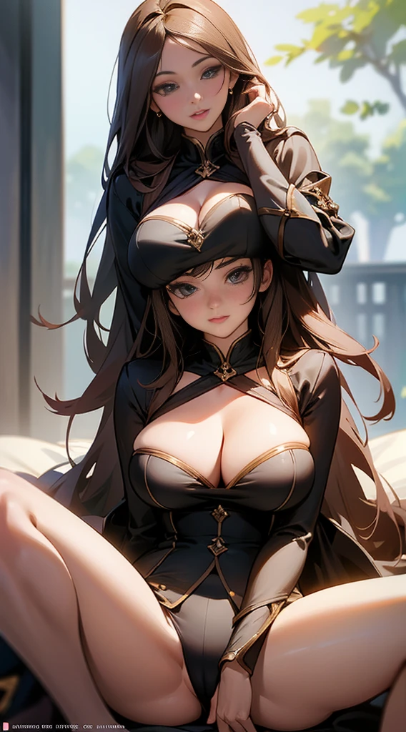 （1 girl：1.3），Photorealistic photos，photorealestic：1.4 Official art，ultra - detailed，Beautiful and beautiful，big breasts beautiful，tmasterpiece，best qualityer，sitting down，spread their legs，Camel toes，hand behind head， ，（big breasts exposed cleavage），Fingers open，