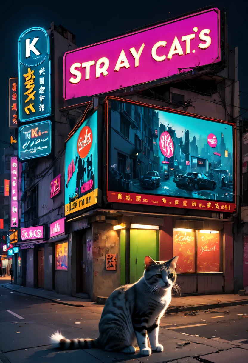 city night scene，KTV,Liman，Stray cats，scribbles，neonlight，advertising billboard，