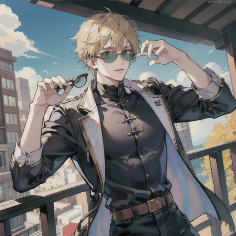 Create an anime character that is blonde, 2D, muscular, charming, with emerald green eyes, messy hair and sunglasses