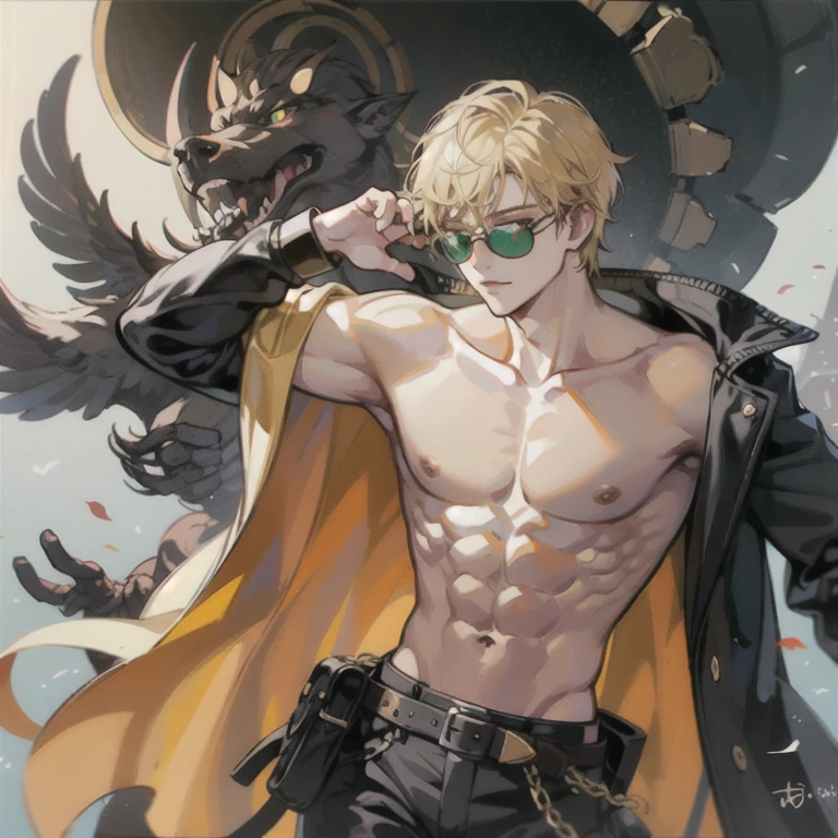 Create an anime character that is blonde, 2D, muscular, charming, with emerald green eyes, messy hair and sunglasses