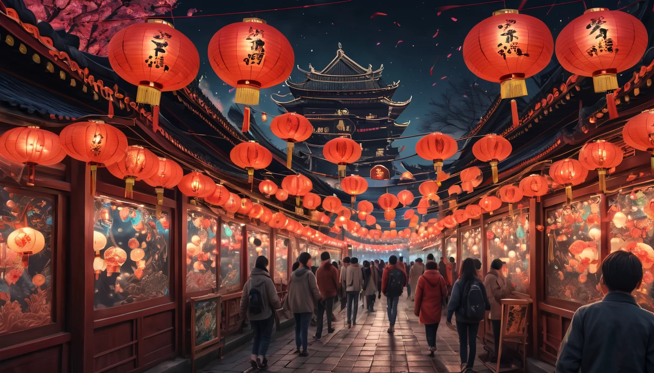 (best quality,4k,8k,highres,masterpiece:1.2),ultra-detailed,(realistic,photorealistic,photo-realistic:1.37),portraits,landscape,horror,anime,sci-fi,photography,concept artists,HDR,UHD,studio lighting,ultra-fine painting,sharp focus,physically-based rendering,extreme detail description,professional,vivid colors,bokeh,colorful lighting,nighttime,dynamic perspective,overhead angle,detailed architecture,reflection of lights on the water,glowing lanterns,Chinese New Year decorations,zentangle style,meticulous line work,black and white patterns,ornate detailing,intricate floral designs,bold ink strokes,geometric elements,stylized buildings,charmingly uneven patterns,zigzag lines,artistic patterns,celestial objects,mythical creatures,surreal atmosphere,festive ambiance,ish moderator style,eye-catching color palette,charmingly naive characters,playful and lively energy,youthful and vibrant,amazing wallpaper,spectacular fireworks,lively crowd,enchanting atmosphere,by
YFM!!,by Tupu,Chinese New Year festivities,Pekin city nightlife,lively streets,streets filled with lanterns and lights,Chinese architecture showcased,intricate rooftops and pagodas,illuminated skyline,futuristic elements blended with traditional aesthetics,night market bustling with activity,traditional dragons dancing in the streets,energy and excitement permeating the air