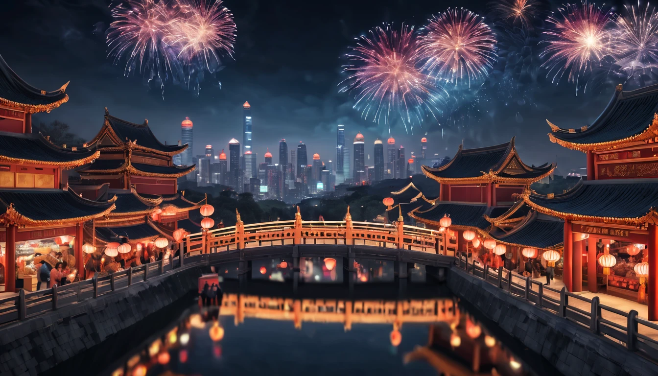 (best quality,4k,8k,highres,masterpiece:1.2),ultra-detailed,(realistic,photorealistic,photo-realistic:1.37),portraits,landscape,horror,anime,sci-fi,photography,concept artists,HDR,UHD,studio lighting,ultra-fine painting,sharp focus,physically-based rendering,extreme detail description,professional,vivid colors,bokeh,colorful lighting,nighttime,dynamic perspective,overhead angle,detailed architecture,reflection of lights on the water,glowing lanterns,Chinese New Year decorations,zentangle style,meticulous line work,black and white patterns,ornate detailing,intricate floral designs,bold ink strokes,geometric elements,stylized buildings,charmingly uneven patterns,zigzag lines,artistic patterns,celestial objects,mythical creatures,surreal atmosphere,festive ambiance,childish moderator style,eye-catching color palette,charmingly naive characters,playful and lively energy,youthful and vibrant,amazing wallpaper,spectacular fireworks,lively crowd,enchanting atmosphere,by
YFM!!,by Tupu,Chinese New Year festivities,Pekin city nightlife,lively streets,streets filled with lanterns and lights,Chinese architecture showcased,intricate rooftops and pagodas,illuminated skyline,futuristic elements blended with traditional aesthetics,night market bustling with activity,traditional dragons dancing in the streets,energy and excitement permeating the air