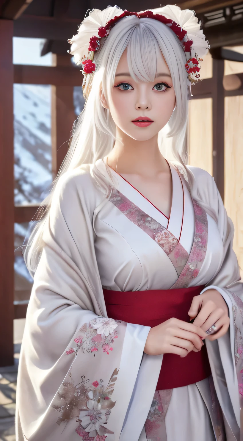Photorealistic, High resolution, 1 Women, Solo, hips up high,(Lolita costume)， Beautiful eyes, White hair, Ringed Eyes, (Yuki，cloaks，)、Japanese new year kimono、It's snowing、The upper part of the body