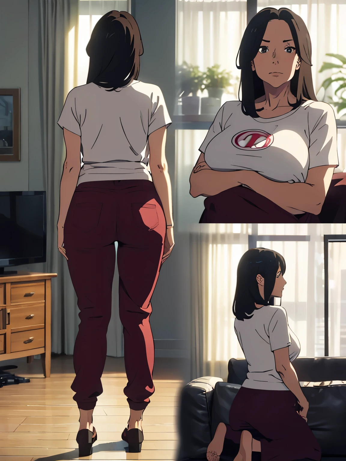 ((Best Quality,4K,8K,masutepiece)), 1woman,T-shirt, sweat pants, room slipper, sofa, A woman is sitting on the sofa and watching TV, (CharacterDesignSheet:1.3, Same character, front, Side, Back,Various expressions) , (multiple views), from below, (Anime style:1.3), (hyperdetailed body), (hyperdetailed Face), (Narrow eyes), (((tareme))), (((Mother:1.3))), (Mature Woman),(woman, 50 years old), (Large breasts:1.1), (Large buttocks:1.2), sagging breasts, droopy chest, Swaying breasts, bouncing breasts, Natural wrinkles, wrinkled Face, (Plump body:1.3), Chubby, Voluptuous, Dark hair, medium bob hair, Forehead, long Face, night, living room, apartment, Moody lighting, Japanese anime, (full body:1.3),