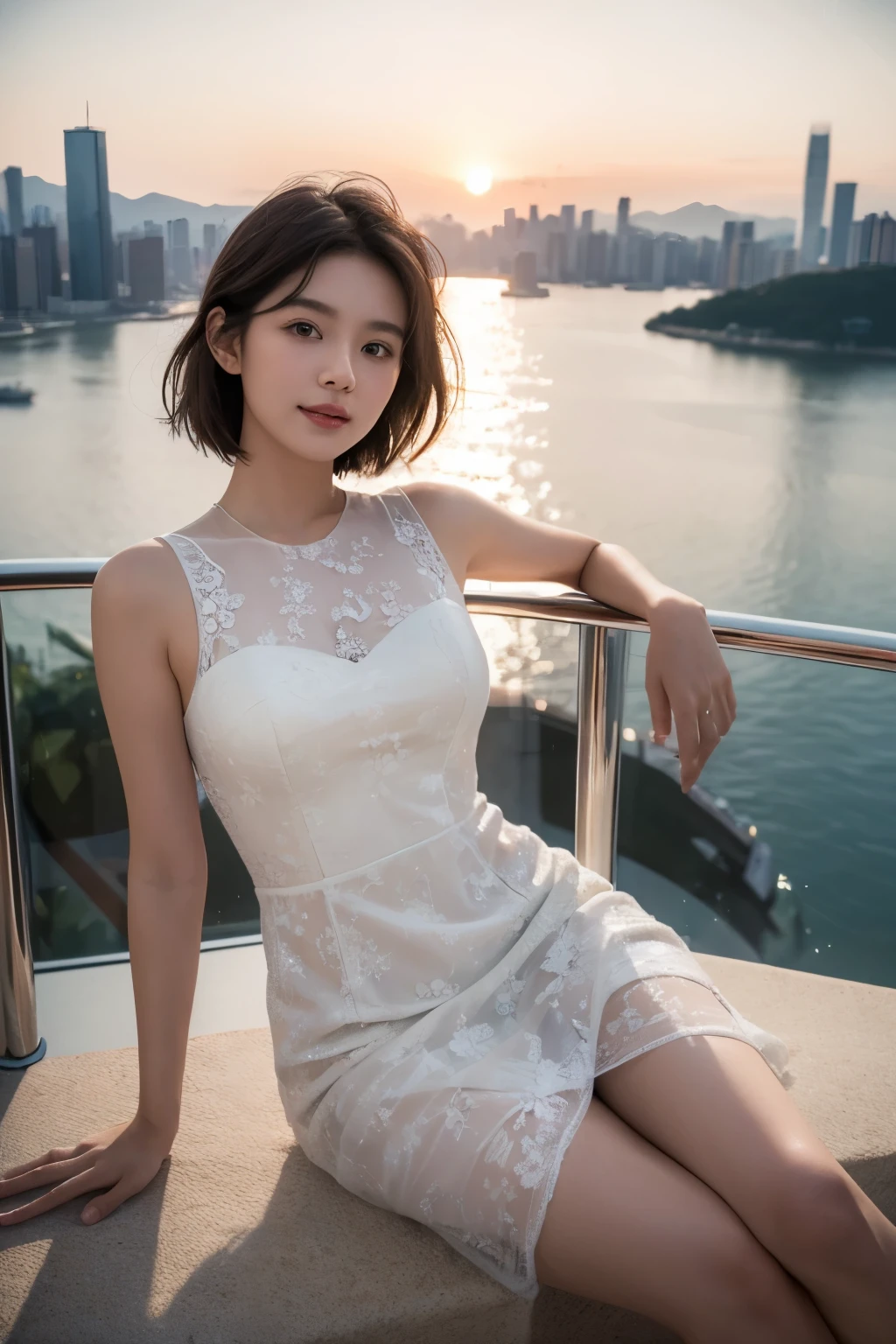 (high quality,4k,8k,highres,masterpiece:1.2),ultra-detailed,(realistic,photorealistic,photo-realistic:1.37),teenage girl,short silver hair,birthday celebration,hong kong gondola,white mini pomeranian,detailed facial features,dark brown eyes,brown skin,soft smile,joyful expression,vivid colors,cheerful atmosphere,happy and excited girl,stylish outfit,long lace dress,dior 2024 cruise dress,white dress,floral pattern,gorgeous scenery,breathtaking view,city skyline,sunset glow,gorgeous lighting,reflection in the water,happy moment,carefree mood,candid pose,glamorous atmosphere
