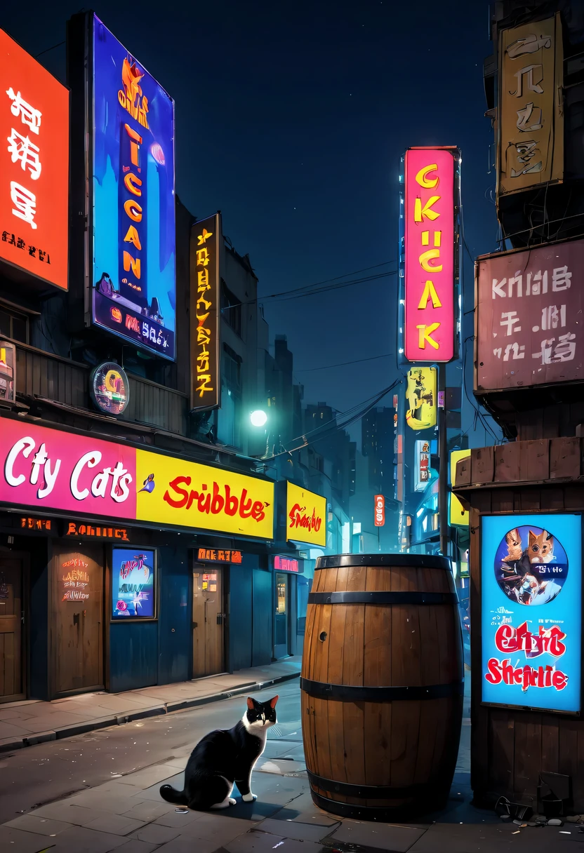 city night scene，KTV,Liman，Stray cats，scribbles，neonlight，advertising billboard，barrel