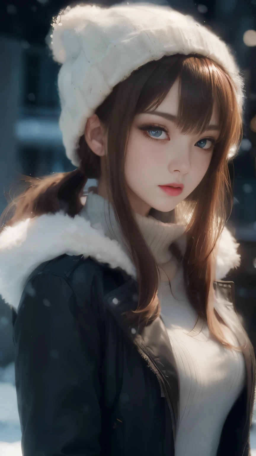 starry eyes, It looks even more beautiful, than Immortal, ahoge, Hair, star-shaped pupils, amber eyes, Color contact lenses, blusher, high detail, the anime, romanticism, contemporary, gothic art, the anime style, Film Lighting, Ray Tracing, Rye Movement, a closeup of a, Sony FE GM, UHD, high detail, Top Quality, 8K, big breasts, light brown Hair, hat, twin tails, clean fingers, Well-Formed Fingers, long jacket, band, mystery, knitted hat, snowing, anger, impatience