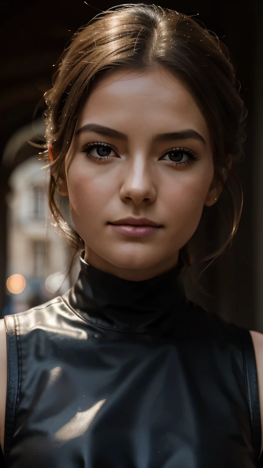 Photograph of a beautiful girl, dans la ville, porter un haut noir, jouissant, fille, 夏天, Fille chaude, (((very heavy bust))), cheveux bruns, long_cheveux, Look into the camera, symmetrical face, photoreallistic, photographie, Spectacular lighting,, magnifique, clivage, occidental, (Masterpice), Best quality, High resolution, Extremely detailed, peau avec pores, blurred background, profondeur de champ, lighting cinematic