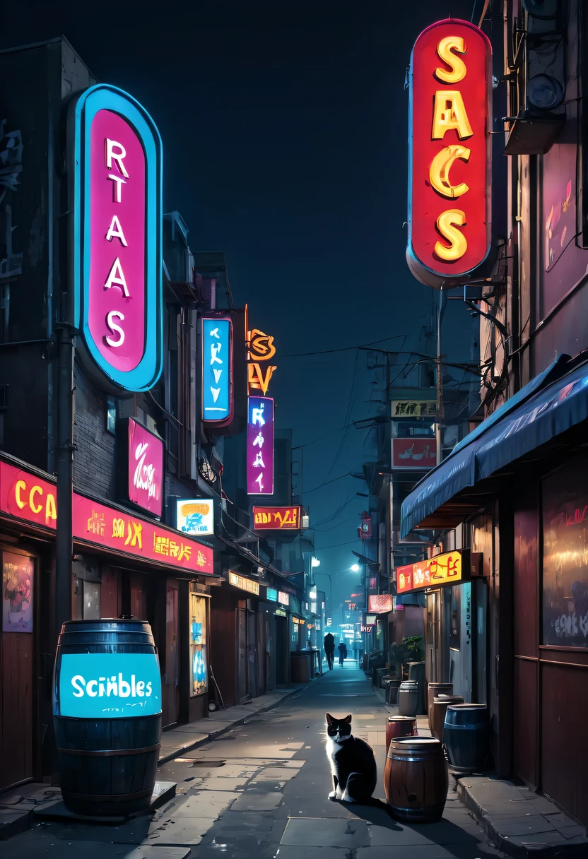 city night scene,KTV,Liman,Stray cats,scribbles,neonlight,advertising billboard,barrel