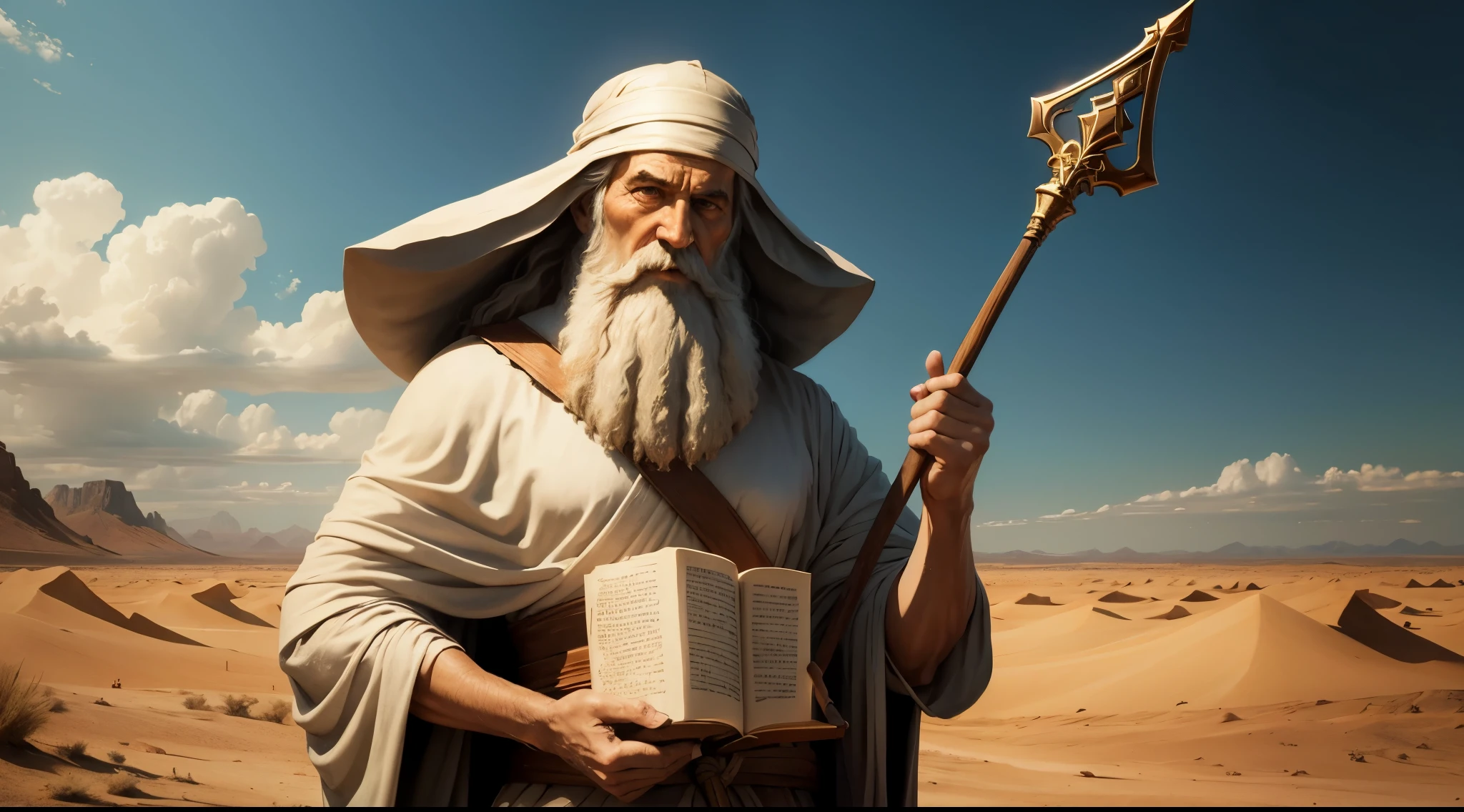 Moses from the Bible holding a wooden staff, imagem bem realista, ultra detalhada, perto de um rio, ambiente que se assemelhe a um deserto --auto
