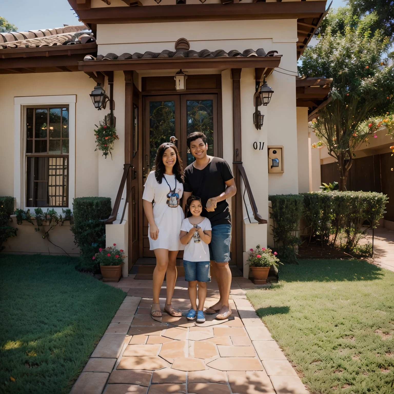 A happy family holding the key to their own house Disney Pixar style. No fundo uma casa com janelas
