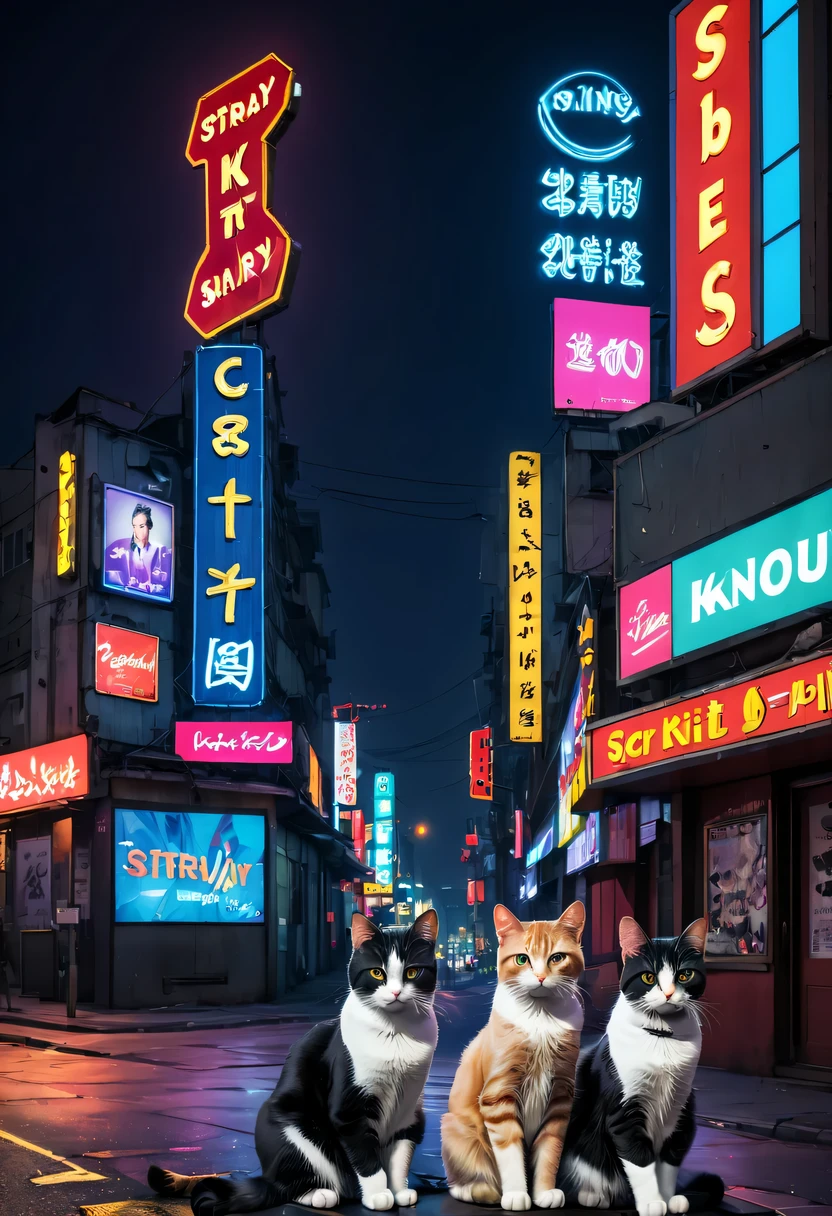 city night scene，KTV,Liman，Stray cats，scribbles，neonlight，advertising billboard，