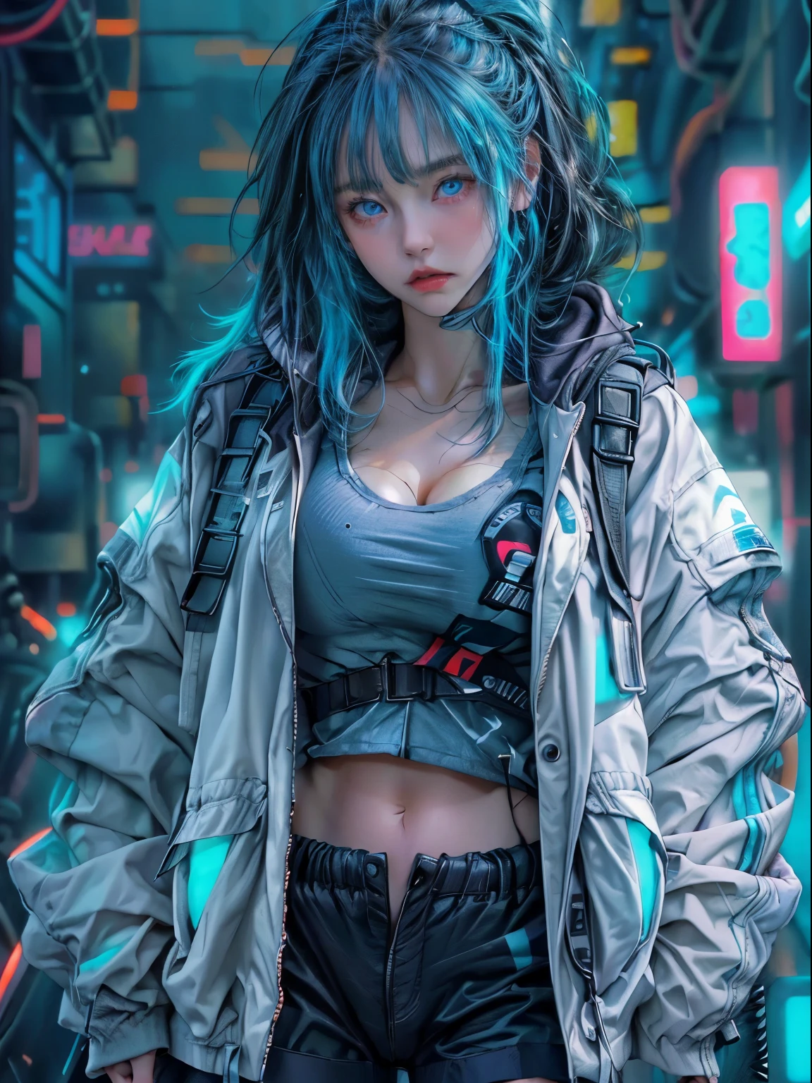 (RAW photo, best quality, high quality, highres), (realistic, photo-realistic), ultra-detailed, (front lighting), physically-based rendering, real life, blur background, 1girl, 20 years old, (((looking at viewer))), (highly detailed skin:1.3), ((detailed face)), ((serious face, wide cleft chin:1.2)), head tilt, (blue hair), (blue eyes), very very long longest hoodie, (tactical cyberpunk jacket, blue and white jacket:1.2, black short cargo pants), white sport shoe, black thighhighs, detailed eyes, air bangs, sunset, futuristic cyberpunk city, (neon lights),