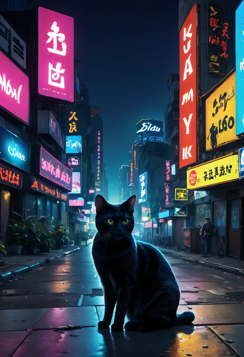 city night scene，KTV,Liman，Stray cats，scribbles，neonlight，advertising billboard，