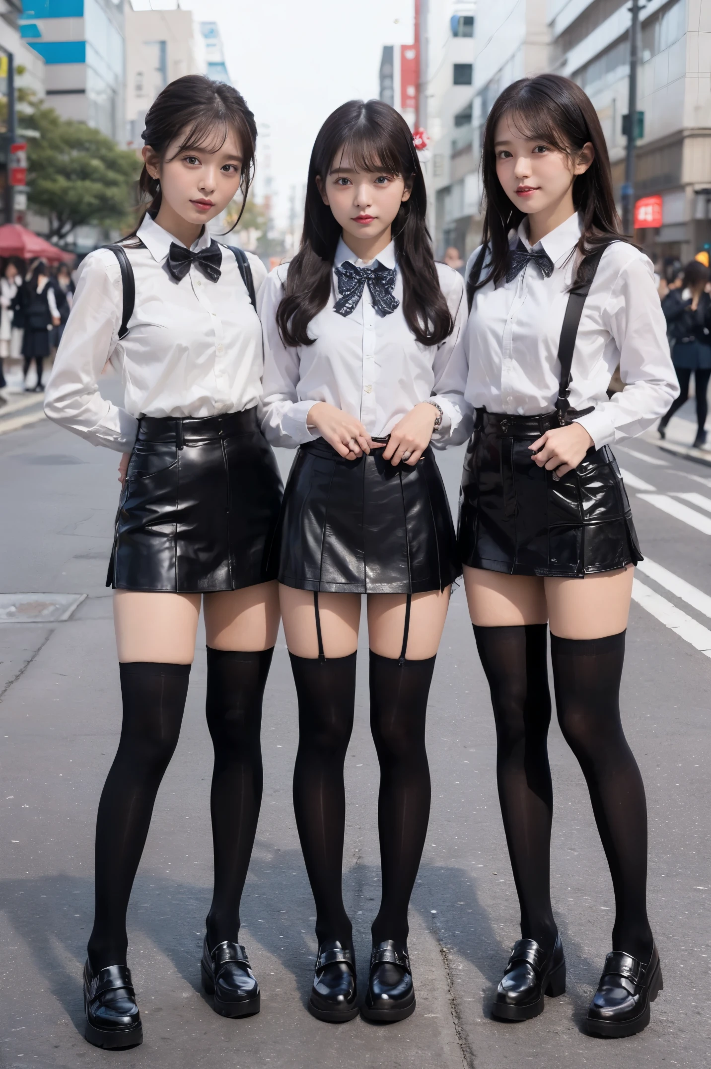 ((３full body photography of a person))、street snap、With a baby face wearing a micro miniskirt((Tall))There are 3 gal women of、(3 girls)、(japanese gal)、Phenomenally cute schoolgirl、skinny fit uniform、Winter clothes、Japanese school black uniform、(large udder)、(The shirt opens on the chest, exposing a lot of cleavage.)、Surreal、Wearing a dark blue uniform、full body Esbian、Nice skin、glistning skin、lovely thighs、((long legged))、((wide thighs))、((Micro Mini Skirt))、With garter、(Black knee-high socks with transparent rubber parts)、(((all hands)(I definitely wear 18D black knee socks that go above the knee.)))、(I&#39;m wearing high heeled leather shoes)、乃木坂アイドル、韓国アイドル、Invite you inside、Inviting eyes