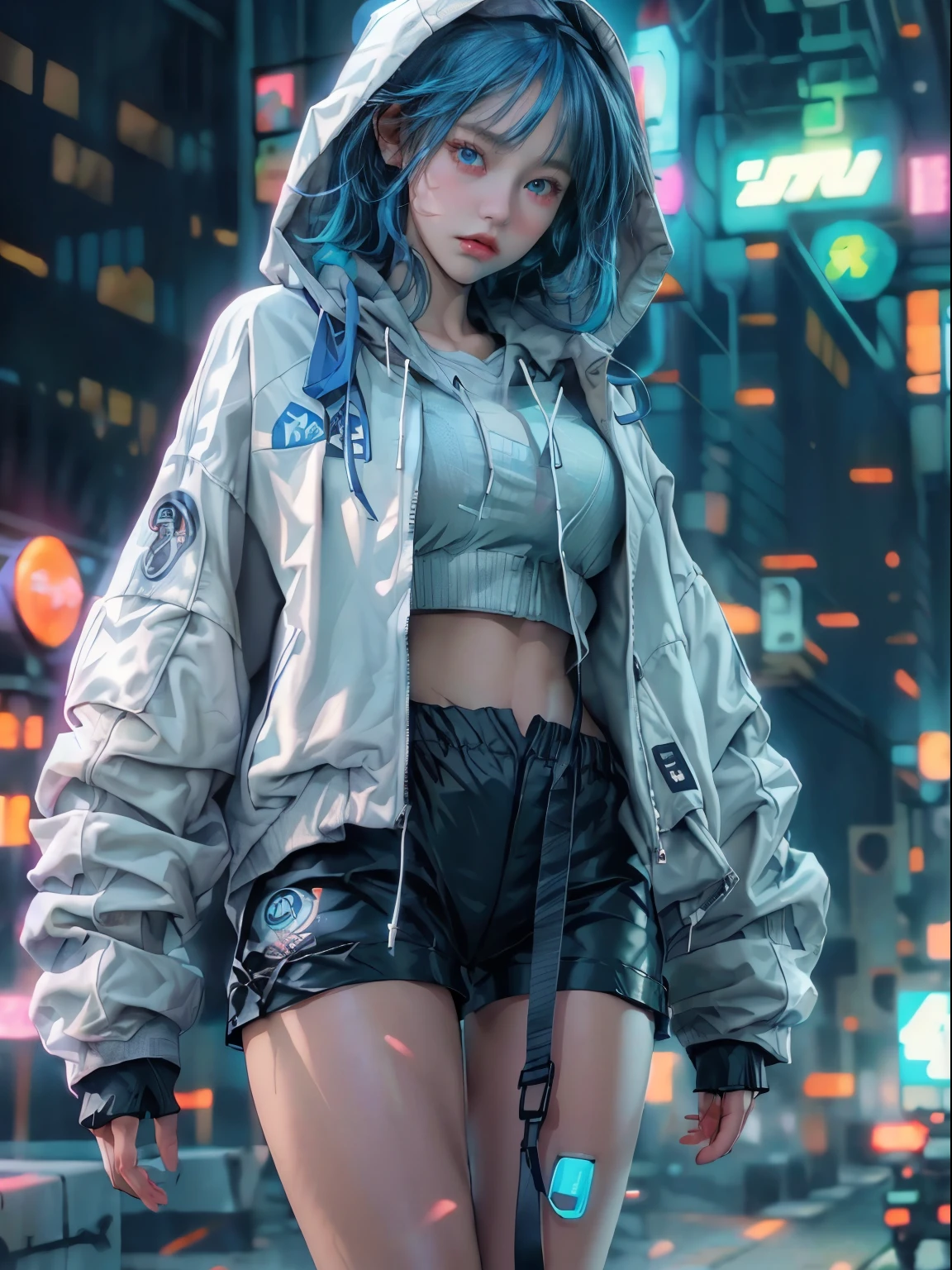 (RAW photo, best quality, high quality, highres), (realistic, photo-realistic), ultra-detailed, (front lighting), physically-based rendering, real life, blur background, 1girl, 20 years old, (((looking at viewer))), (highly detailed skin:1.3), ((detailed face)), ((serious face, wide cleft chin:1.2)), head tilt, (blue hair), (blue eyes), very very long longest hoodie, (tactical cyberpunk jacket, blue and white jacket:1.2, black short cargo pants), white sport shoe, black thighhighs, detailed eyes, air bangs, sunset, futuristic cyberpunk city, (neon lights),