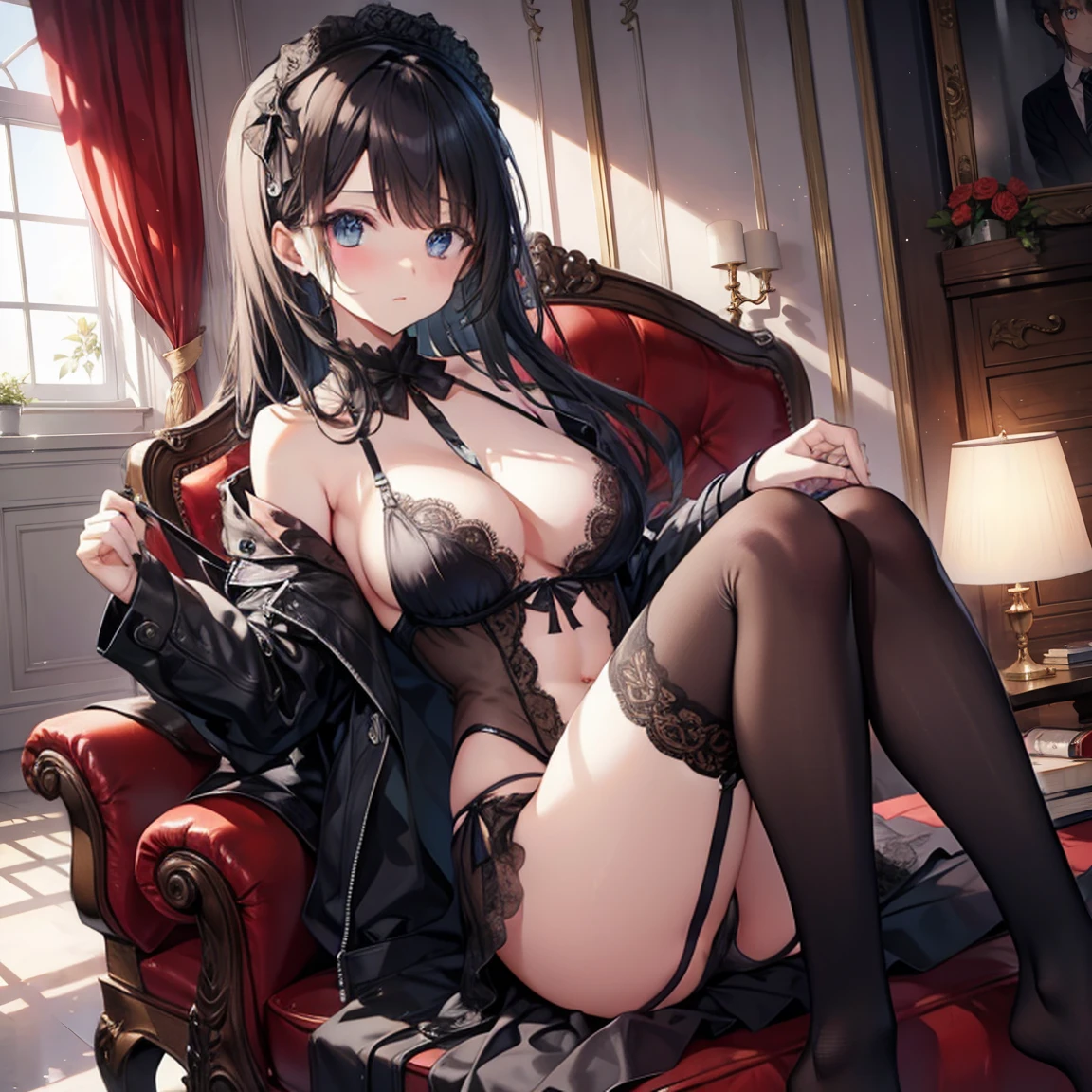 1 girl, watery big eyes, Low RA:Add to_the detail:1，Lace lingerie big breasts，Inside the living room，flatchest，black lence stockings，A shy expression